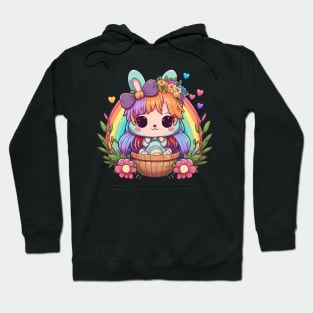 Anime Easter Bunny Girl In Basket. Spring Flowers and Easter Eggs, Rainbow Hoodie